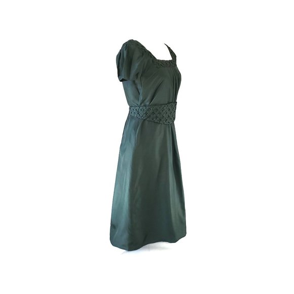 Hoss Intropia Hunter Green Silk Belted Midi Dress Cummerbund Tie Size 36 Medium - Picture 4 of 8